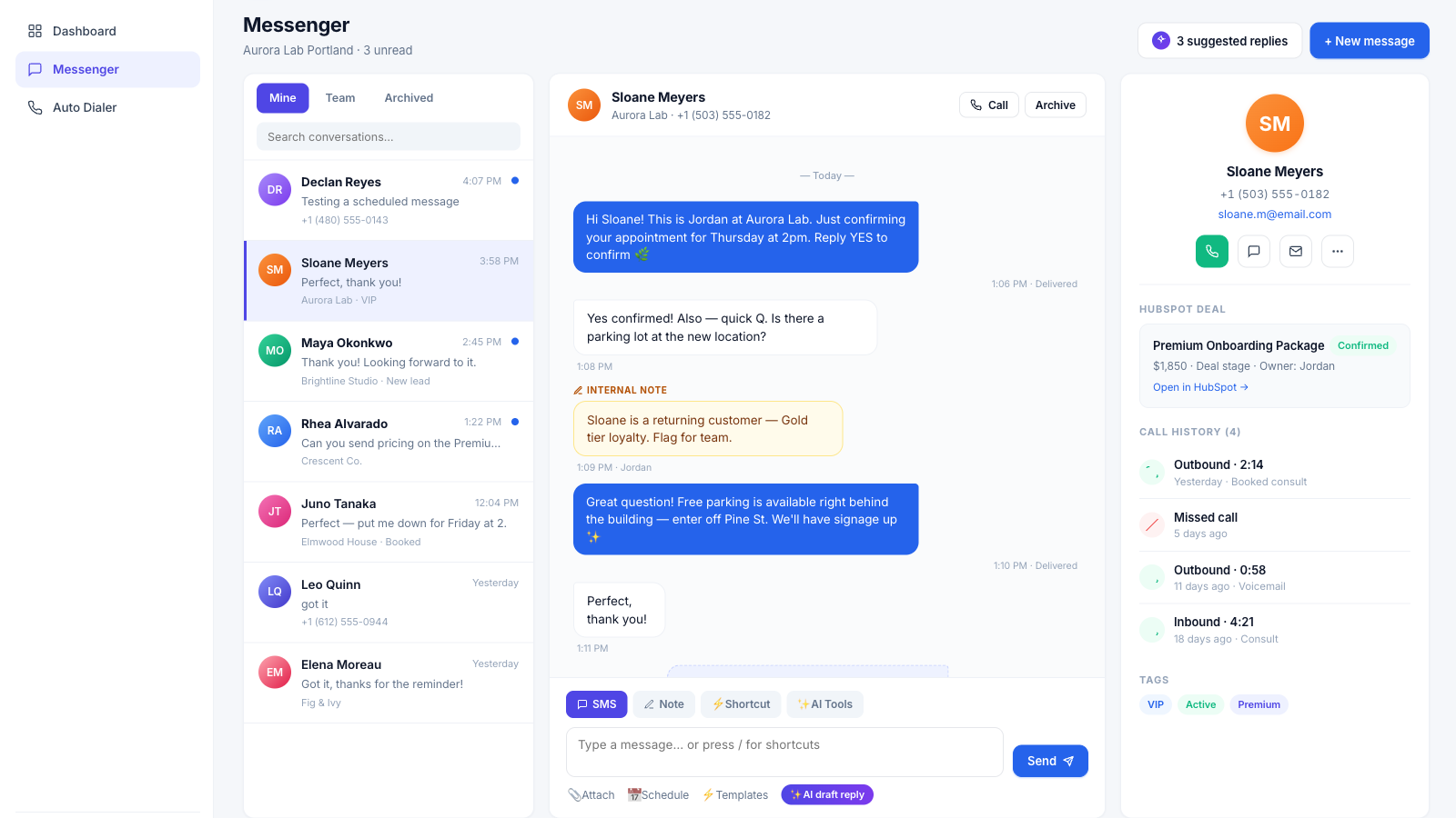 YetiConnect two-way SMS conversation in HubSpot